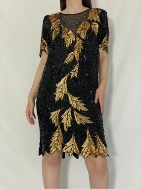 Vintage 1980s Black & Gold Sequin Leaf Cocktail Dress